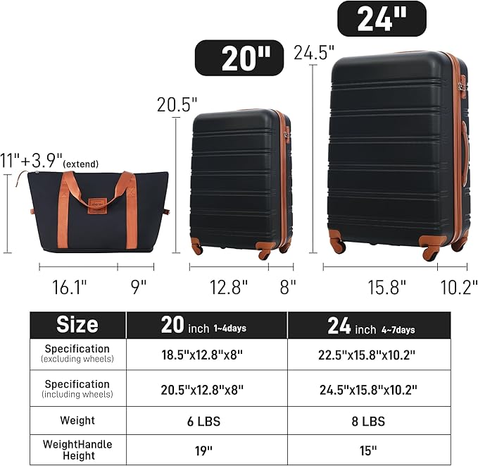 Merax Luggage Sets 2 Piece Expandable Hardside Luggage with Travel Bag Suitcase Set with Spinner Wheels(20+24+bag,Black+Brown-1)