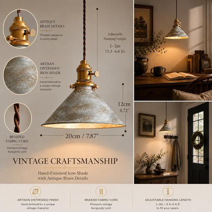 Kitchen Island Pendant Lights 8.2 Inch Industrial Silver Lampshade Farmhouse Pendant Lights Kitchen Island 6.5Ft Adjustable Hanging Kitchen Lights for Living Room and Dininig Room