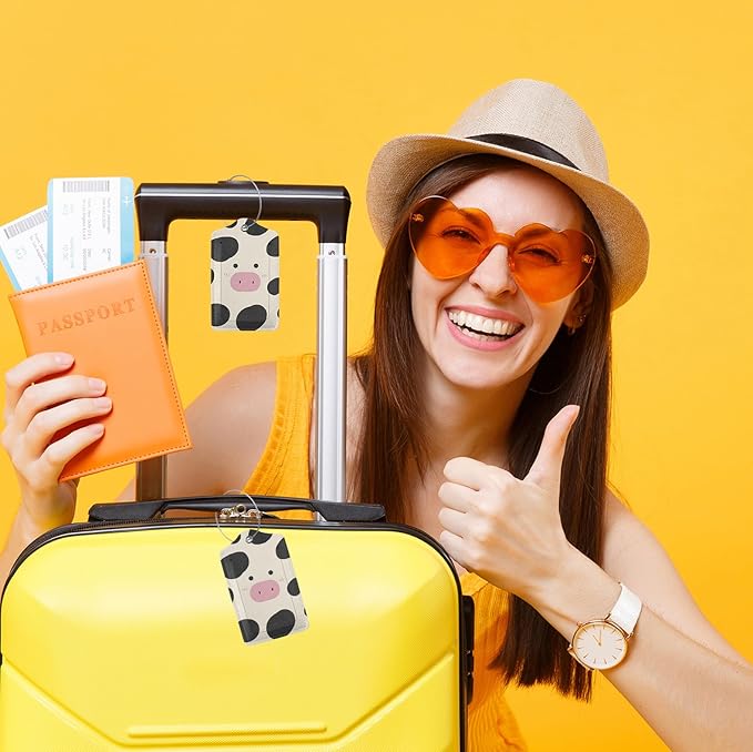 2 Pack Luggage Tags for suitcases Cow TSA Approved Label Luggage Tag Baggage Tag Leather Stainless Steel Loop Label Tag for Men Women Travel Bag Suitcase