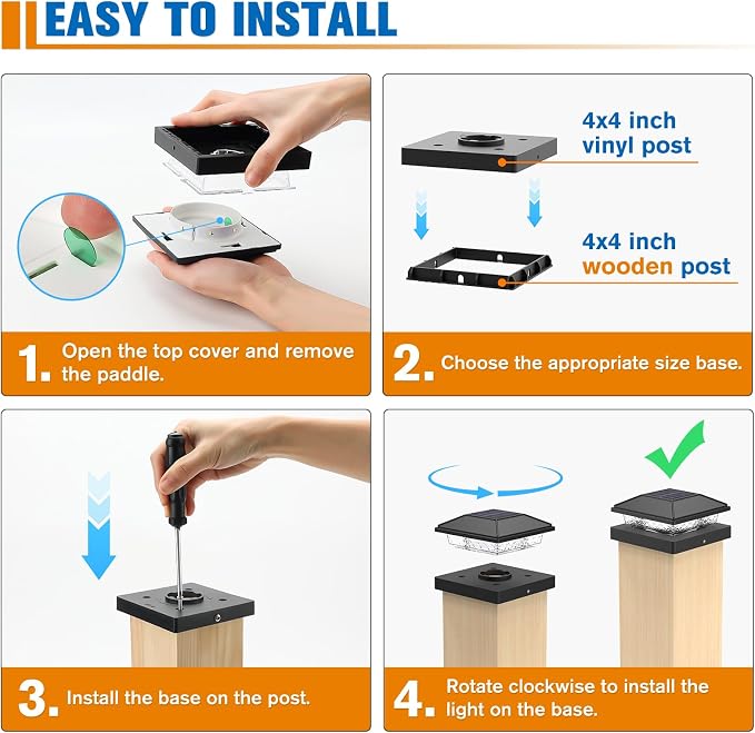 Solar Post Cap Lights,4x4 Post Solar Light Cool White,Black 12 Pack | Fence Post Solar Lights for 4x4 Post Caps Wood Vinyl, IP64 Waterproof Solar Post Lights Outdoor, Solar Deck Post Lights