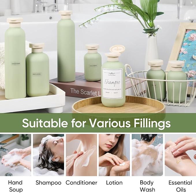 DEMORA 6.6oz Travel Bottles for Toiletries, Larger Plastic Travel Squeeze Bottles Leak Proof Refillable Toiletry Containers with Flip Caps and Labels for Shampoo Conditioner Lotion (Green, 4 Pcs)