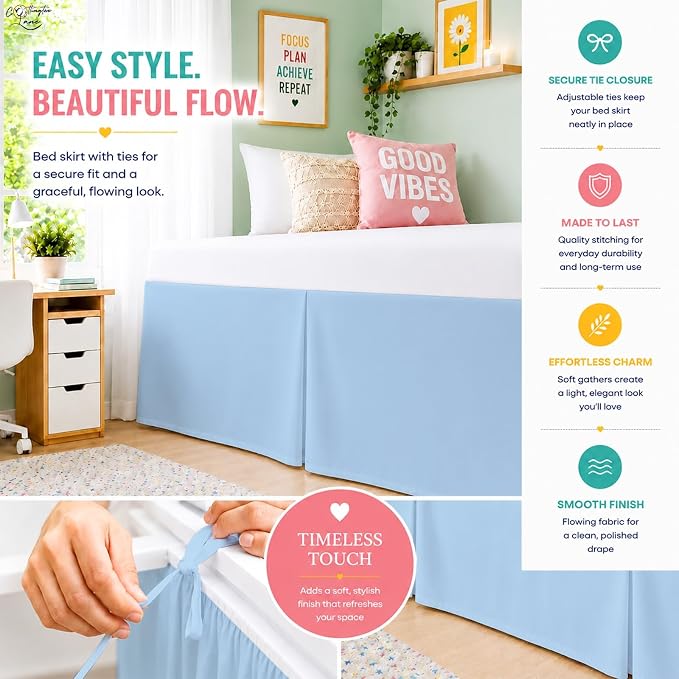 Cottington Lane Tailored Box Pleated College Dorm Bed Skirt Twin XL, Hotel Quality Premium Brushed Microfiber Extra Long Bedskirt Twin XL 25 Inch Drop, Light Blue Dorm Bedding