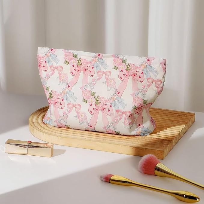 HAPPYHEIDI Makeup Bag Set 2, Cute Cosmetic Pouch, Pink Floral Bow Pattern, Cotton, Lightweight, 2 Count, Zipper Closure