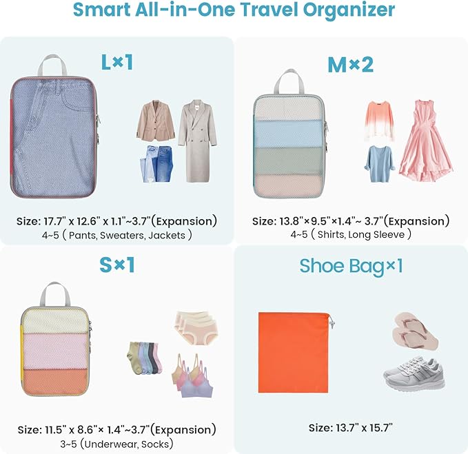 Cambond Compression Packing Cubes for Travel - Lightweight Expandable Travel Bags Luggage Organizers Travel Essentials Compression Cubes for Travel Space Saver for Carry on Suitcases Organizer