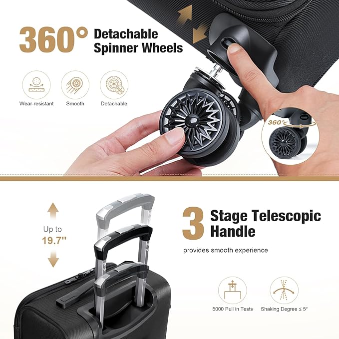 Softside Carry on Luggage Airline Approved, 17 Inch Underseat Carry-on Luggage with Removable Spinner Wheels, Small Personal Item Suitcase for Travel Business (Black, 17 inch_Underseat)