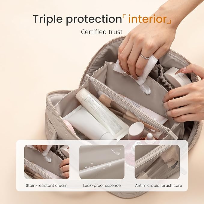 LOVEVOOK Travel Makeup Bag for Women, 2Pcs Puffer Waterproof Cosmetic Organizer, Large Capacity Pouch Open Flat Small Toiletry Bag with Brush Compartment & Handle (Light khaki, Large)