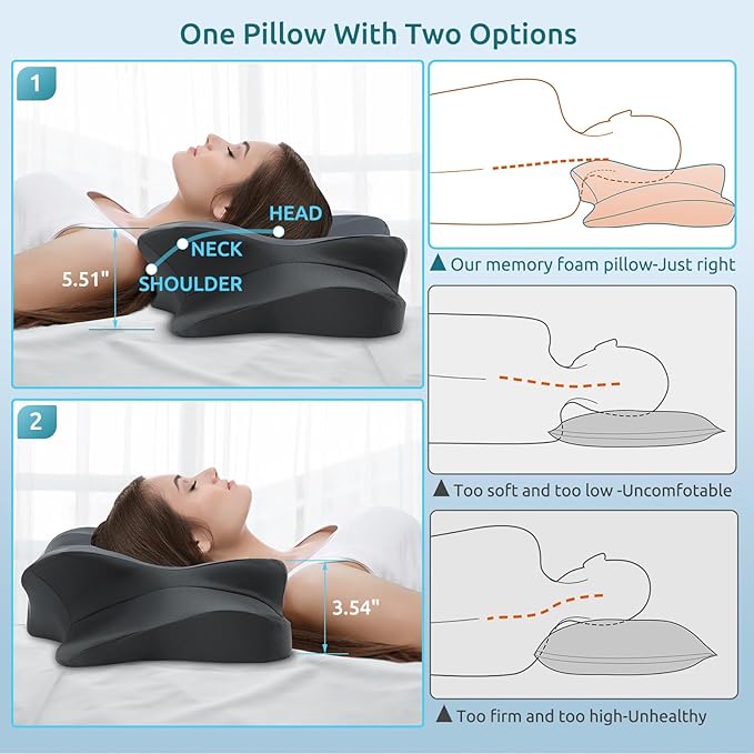 DONAMA Cervical Pillow for Neck and Shoulder Pain Relief, Cooling Contour Memory Foam Pillow, Dual-Height Ergonomic Neck Support Pillow for Side Back Stomach Sleepers with Removable Pillowcase