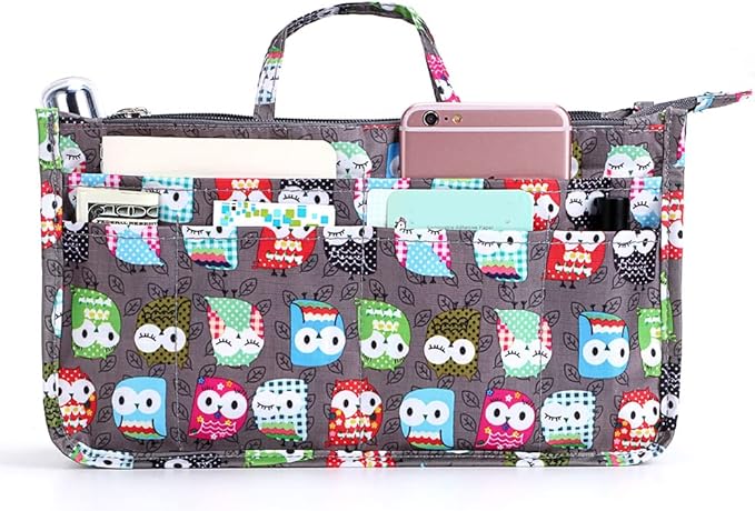BTSKY Printing Handbag Organizers Inside Purse Insert - High Capacity 13 Pockets Bag Tote Organizer with Handle (Owl)