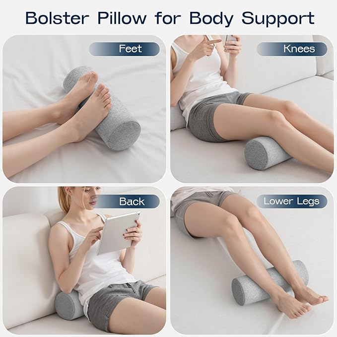 Neck Roll Pillow for Neck Pain Relief - Memory Foam Neck Support Pillow for Bed, Cylinder Pillows, Round Neck Pillow for Sleeping, 15.7 * 5 * 5 inch (Grey)