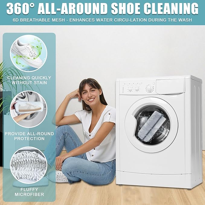 Shoe Washing Machine Bag, 2 Pack – Reusable, Fits All Shoe Types, 360° Deep Cleaning with Self-Locking Zipper, Wash Two Pairs at Once, Protects Shoes and Washing Machines(White)