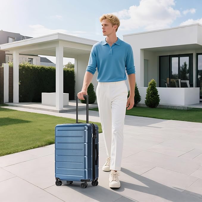 KYME 24 Inch Luggage TSA Approved Hardshell Suitcases with Spinner Wheels Durable PC+ABS Medium Checked Travel Luggage for Women Men Blue
