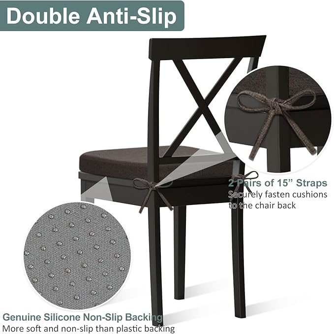Shinnwa Seat Cushions for Dining Room Chairs 4 Pack, Patented Design Memory Foam Dining Chair Pads with Ties and Washable Cover, Set of 4, 17" x 16" x 2", Dark Brown