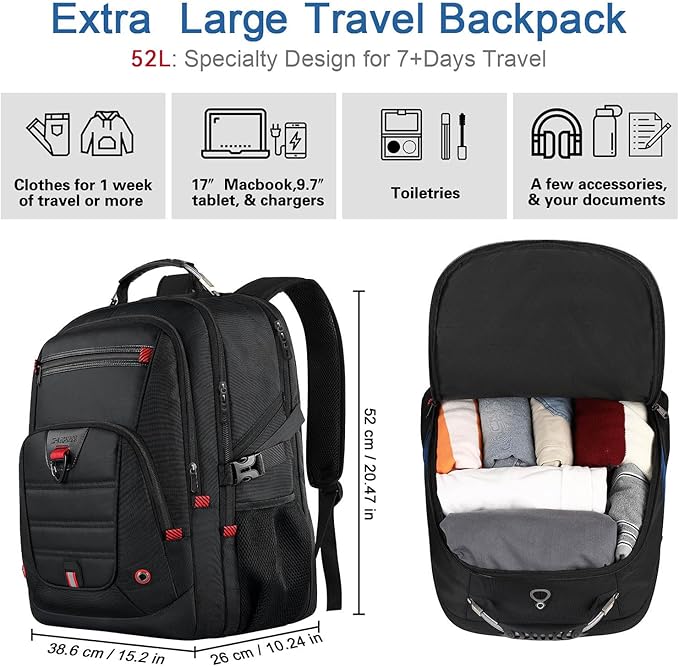 LifetimeWarranty Extra Large Travel Backpack With 52L Capacity, Long-Term Durability TSA Backpack,Anti-Theft 17.3" Big Business Laptop Backpack for Men&Women,Water Resistant College Rucksack Bag Black