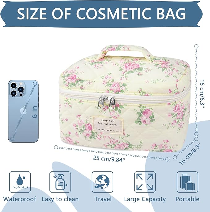 Large Travel Quilted Makeup Bag for Women,Big Floral Cotton Cosmetic Bag, Cute Coquette Aesthetic Floral Toiletry Organizer Bag (Pink pattern)