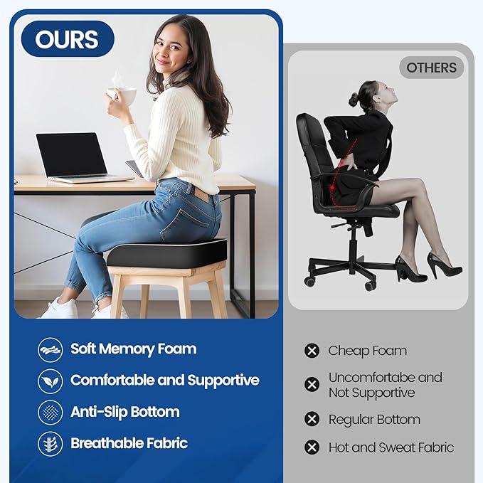 Seat Cushion for Tailbone Pain Relief, Office Chair Cushion, Memory Foam Large Chair Cushion with Non-Slip Cover for Soft Support at Office Chair, Car Seat, Airplane Black/Large