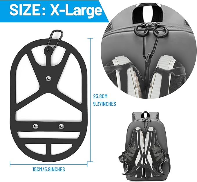 2 Pack Shoe Holster for Backpack with Clip Hanger, Shoe Holder for Sneakers, Cleats, for Travel, Outdoors, Sports (X-Large, Black)