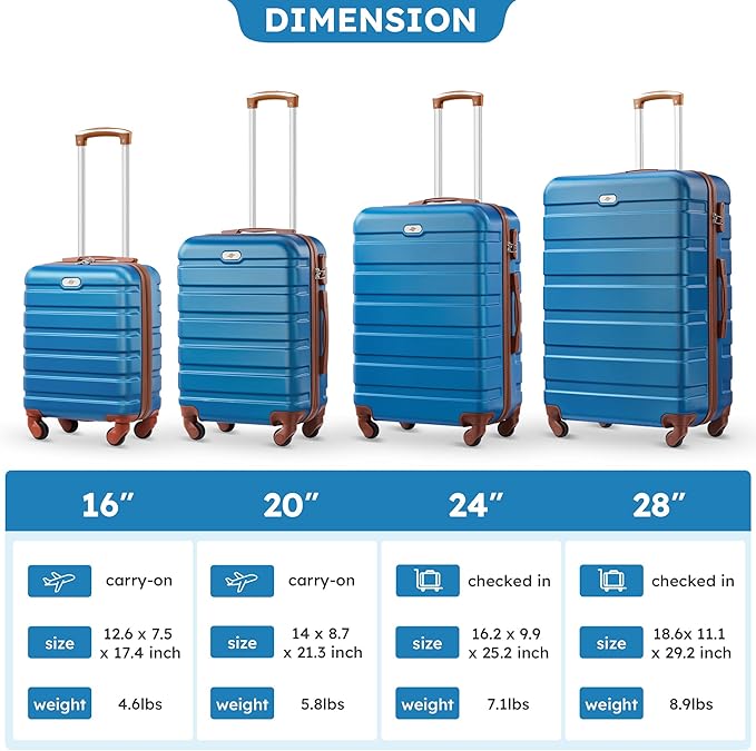 Suitour 4 Piece Luggage Sets, Hard Shell Suitcase Set with Spinner Wheels 16 20 24 28inch Travel Sets(Blue Brown)