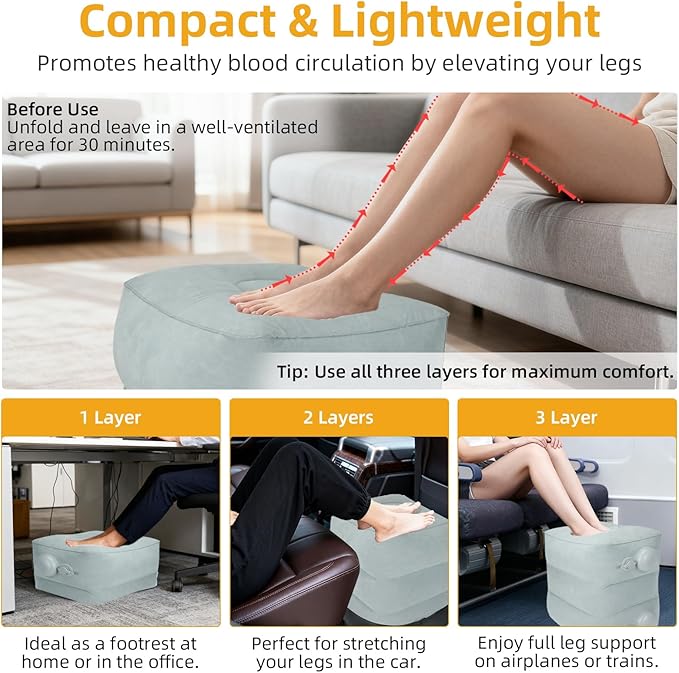 Inflatable Foot Rest Pillow for Travel, Adjustable 3-Layer Height, Fast Inflation Leg Rest Cushion for Airplanes, Cars, Trains, Office & Home
