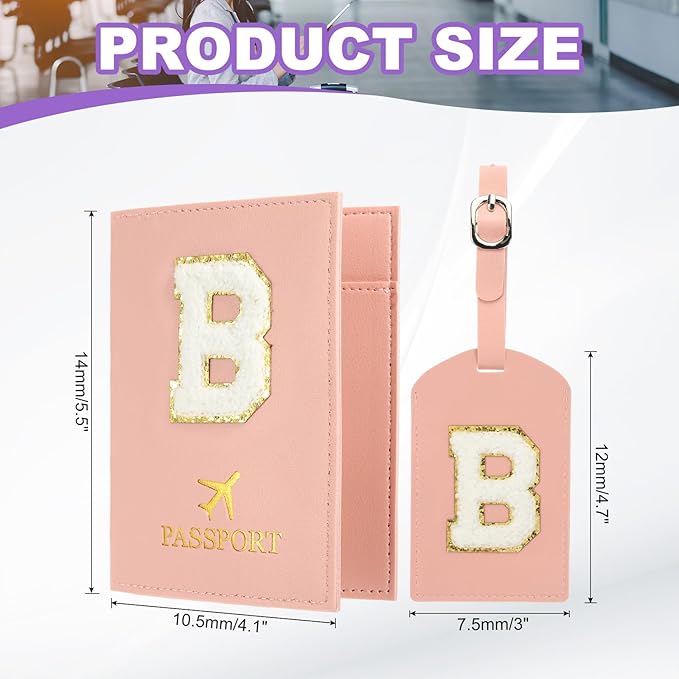 PATIKIL Passport Holder for Travel, Initial Passport Cover and Luggage Tag Set with Alphabet Chenille Letter Patch Travel Wallet Bag Suitcase Identifier for Women Family Travel Pink B
