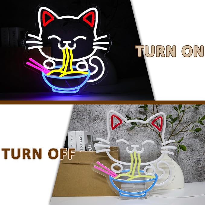 Fortune Cat Ramen Neon Sign for Wall Decor, Japanese Lucky Cat Led Signs for Business, USB Dimmable Cartoon Cat Neon Lights for Noodles Shop Kitchen Home Pub Dinning Room Restaurant Wall Art