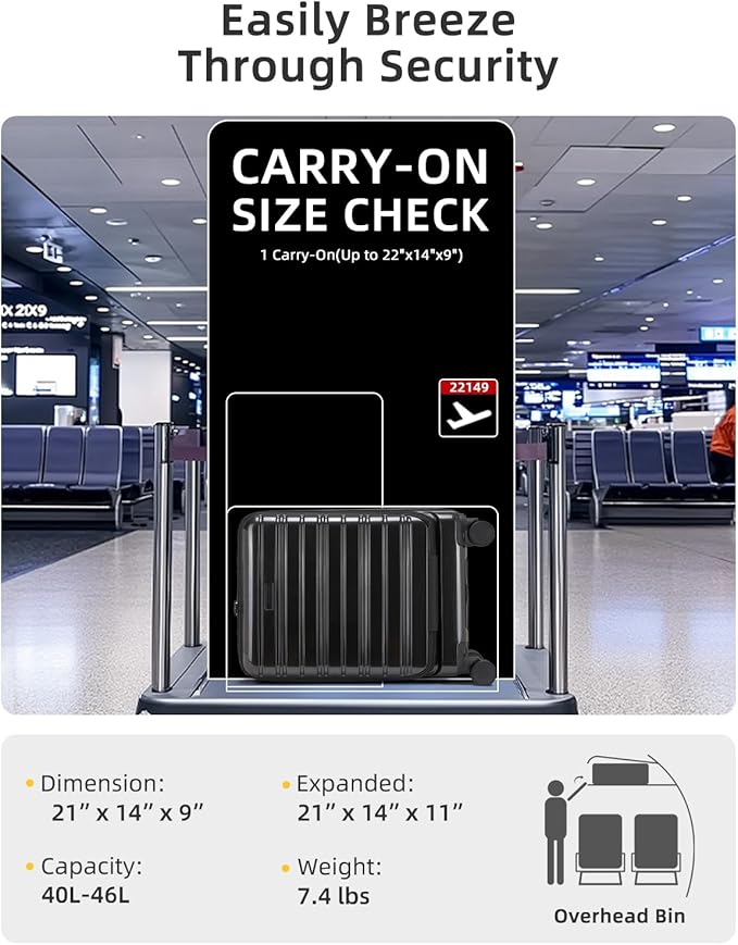 LARVENDER Carry On Luggage 22x14x9 Airline Approved, 20 Inch Expandable PC+ABS Hardside Carry On Luggage with Front Pocket Spinner Wheels TSA Lock for Women Men (Black)