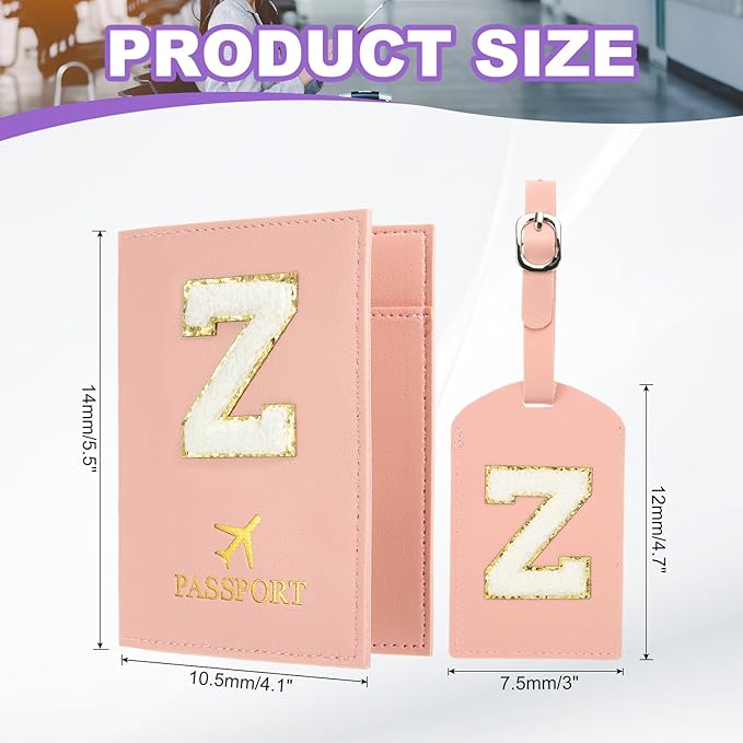 PATIKIL Passport Holder for Travel, Initial Passport Cover and Luggage Tag Set with Alphabet Chenille Letter Patch Travel Wallet Bag Suitcase Identifier for Women Family Travel Pink Z