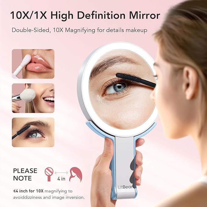 LitBear Travel Makeup Mirror with Lights, Rechargeable Double-Sided 10X/1X Magnifying Mirror, Portable Lighted Beauty Mirrors, 3 Color Lighting, Dimmable Touch Screen, Tabletop Handhold Hanging (Blue)