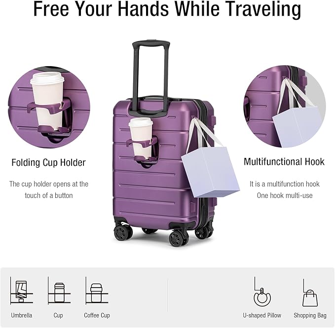 KYME Carry On Luggage 22x14x9 Airline Approved with TSA Lock Hardshell Expandable 20 Inch Luggage Carry On Suitcase with Wheels Small Travel Rolling Luggage with Cup Holder for Women Dark Purple