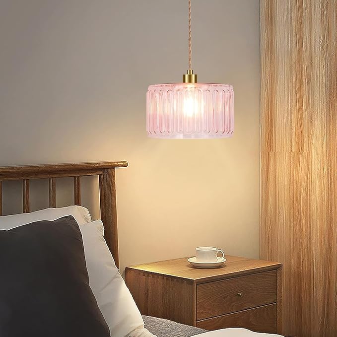 QIYIZM Pink Plug in Pendant Light Glass Hanging Lights with Plug in Cord Boho Hanging Lamp Gold Mid Century Modern Vintage Dimmable Flower Plug in Chandelier Ceiling Fixture for Living Room,Bedroom