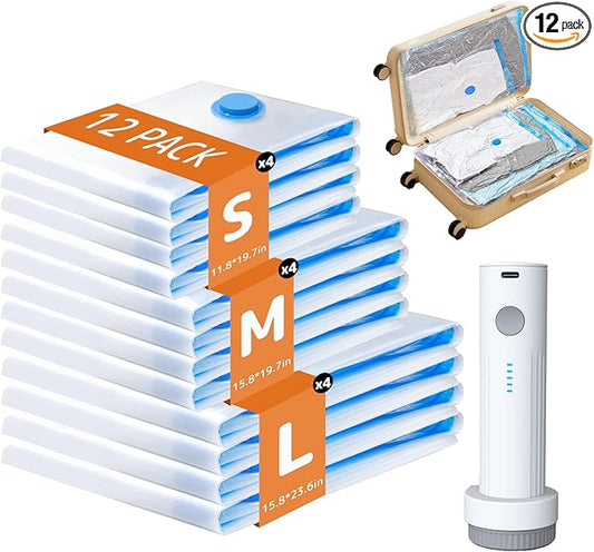 12 Pack Vacuum Bags for Travel with Rechargeable Air Pump, Carry-On Compression Bags for Luggage and Suitcase, Space Saver Storage for Clothing and Travel Organization