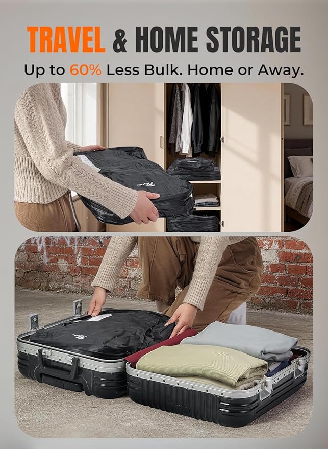Vacuum Bags for Travel with Wireless Pump, 180° Open Zipper, IP67 Waterproof, Reusable Space Saver Compression Bags for Backpack, Suitcase, Home Storage(2 Pack + Pump)