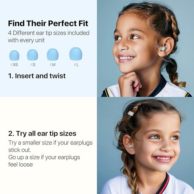 Kids Earplugs (5-12 yrs)– Noise Reduction for Children, Multi-Purpose Noise Sensitivity Ear Plugs for Home, School, Playtime & Beyond - 8 Ear Tips in XS/S/M/L, Sky Blue+Purple