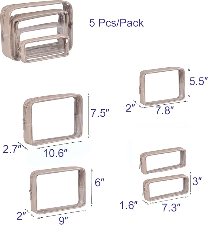 TSA Approved 5-Piece Diaper Bag Organizer Pouch Set Clear Waterproof TPU Kids Toiletry Storage Set Travel Packing Clutch Cube Bags for Baby Nursing (Pearl Grey)