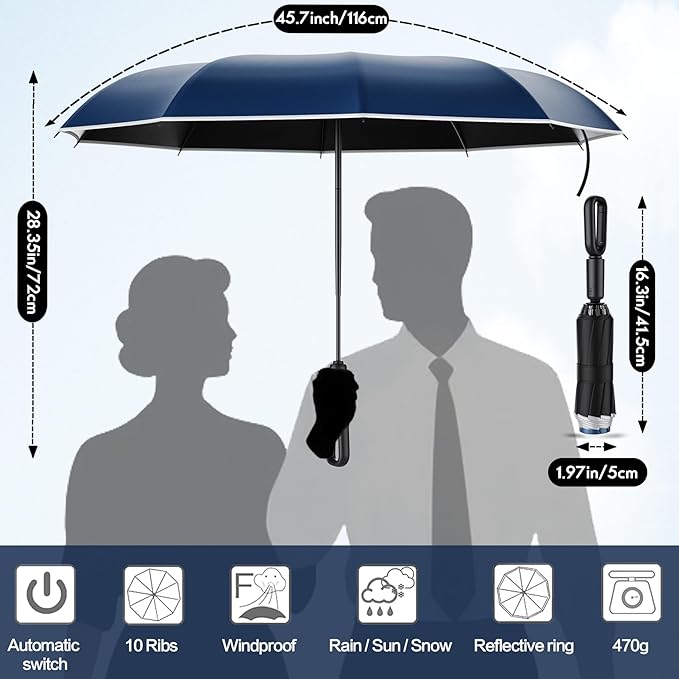 Windproof Compact Travel Umbrella,Large Strong but Light Portable and Automatic Folding Rain Umbrella, small inverted for travel size