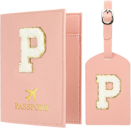 PATIKIL Passport Holder for Travel, Initial Passport Cover and Luggage Tag Set with Alphabet Chenille Letter Patch Travel Wallet Bag Suitcase Identifier for Women Family Travel Pink P