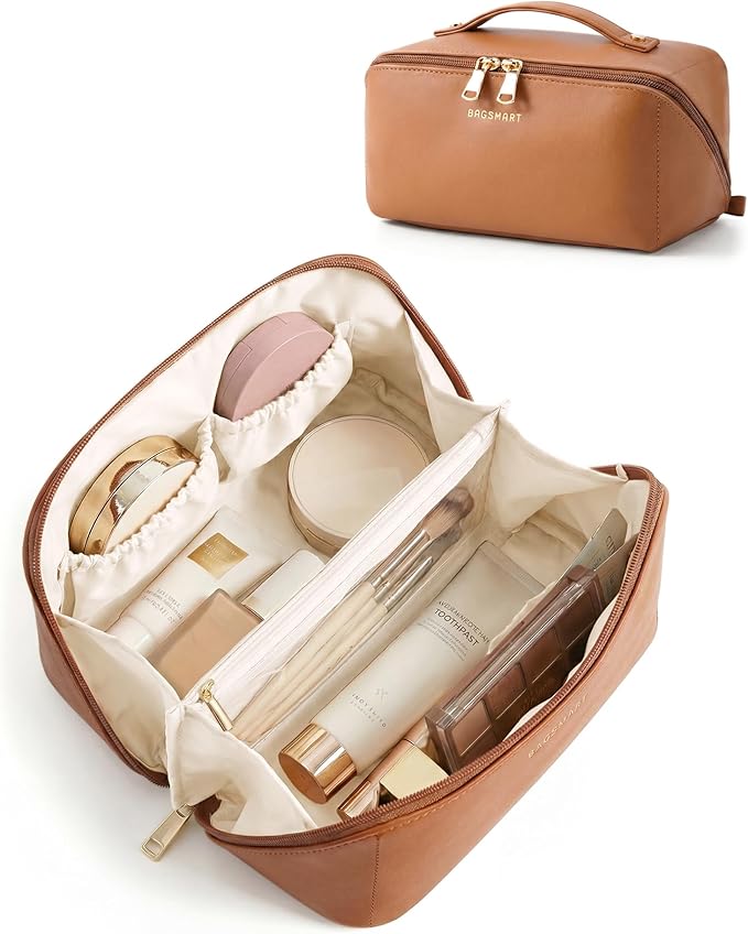 BAGSMART Makeup Bag Travel Cosmetic Bag, Large Make Up Bag Flat Open Toiletry Bag for Women, PU Leather Travel Essentials Organizer Case, Wide-open Pouch Purse for Skincare, Brushes, Classic Brown