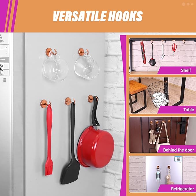 Neosmuk Magnetic Hooks Heavy Duty,Strong Magnet with Hook for Fridge, Super Neodymium Extra Strength Industrial Hooks for Hanging, Magnetic Hanger for Toolbox, Cruise, Grill(Bronze,6 Pack)