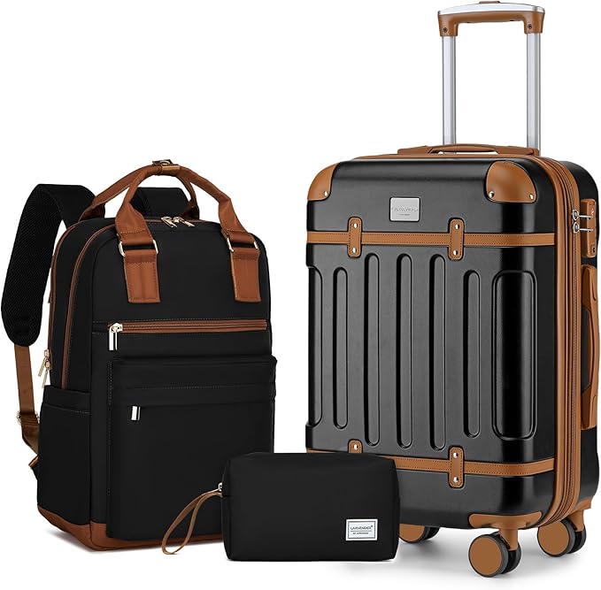 LARVENDER Luggage Sets 3 Piece Expandable Carry on Luggage 22x14x9 Airline Approved Hardshell Suitcase with Wheels TSA Lock, Lightweight Suitcase Set for Women with Travel Backpack, Black