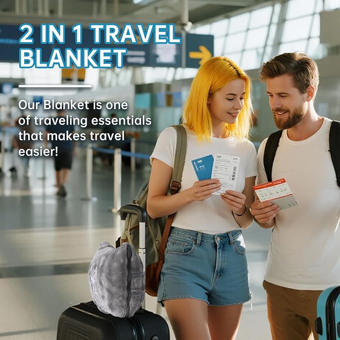 Travel Blanket and Pillow-2-in-1, Ultra-Soft&Compact, Airplane Blanket with Hand Luggage Belt and Backpack Clip,Travelers Accessories Gifts, 61x43 Inches（Green）