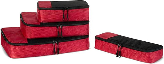 Amazon Essentials 4-Piece Packing Cubes Travel Accessories Set, Luggage Organizer, Double Zipper, Mesh Top, Space-Saving Suitcase Organizer, Small/Medium/Large/Slim, Red (Previously Amazon Basics)