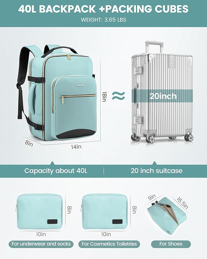 LOVEVOOK Travel Backpack for Women & Men 40L,Airline Approved Carry On Backpack Travel Essentials,TSA Carry on Luggage,Waterproof Personal Item Travel Bag,Suitcase with 3 Packing Cube,Mint green-Black