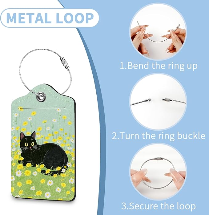 2 Pcs Luggage Tag for Suitcases, Flower Black Cat Cute PU Leather Suitcase Tag Privacy Cover ID Label with Metal Loop, Personalized Baggage Identifier for Women Cruise Bag Travel Essentials
