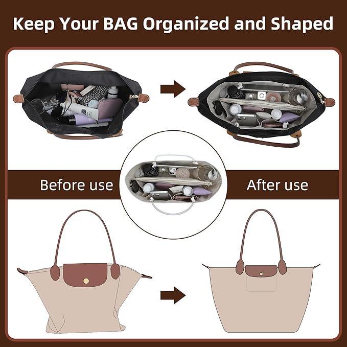 Doxo Purse Organizer Insert for Longchamp LePliage Tote Large, White, Lightweight Handled Bag Shaper with Key Leash& 16Compartments, Upgraded Elastic Cup Holder(White，L)
