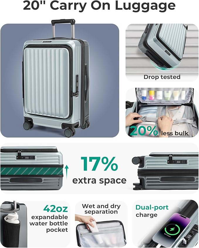 BAGSMART Top Opening Carry On Luggage 22x14x9 Airline Approved with TSA Lock, Expandable 20 Inch Deep Compartment Hard Shell Suitcases with Double Spinner Wheels, Green