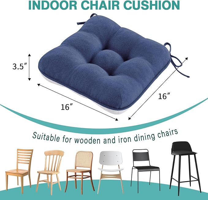 BETU Chair Cushions for Dining Chairs Set of 6,3.5" Thick Kitchen Table Chair Pads with Ties,Non Slip Backing and Covers, Seat Cushion for Dining Room,Bar,Patio Chairs,16"X16"X3.5",Navy Blue