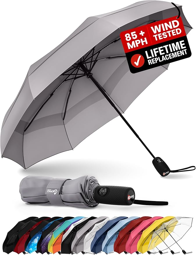 REPEL Windproof Travel Umbrella - Compact & Withstands Winds up to 85MPH , Strongest Premium Auto Folding Umbrella for Rain and Sun - Durable, Light & Portable for Women & Men , Fits Backpack & Cars