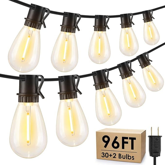 96FT LED Outdoor String Lights, 30+2 S14 Edison Bulbs, Black | Waterproof, Shatterproof, Connectable, Energy-saving, Plug in, Dimmable, Hanging Lamp for Backyard Patio Garden Decor