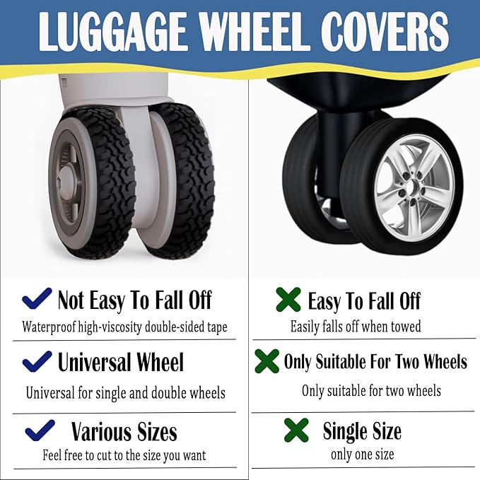 Waterproof Luggage Wheel Covers - 8 Pcs Super Sticky Protector, Anti-Shedding, Silent Noise Reduction, Shock Absorbing Caster Cover for Carry-On (Black)