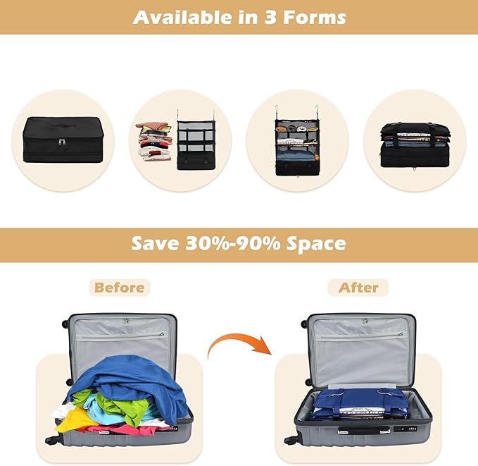 Surblue Hanging Closet Storage Bag Collapsible 3-Shelf Washable Oxford Fabric with 2 Hooks (XL 17.71 * 11.81 * 20in, Black)