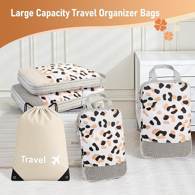 5 Set Packing Cubes For Travel Essentials, Luggage Packing Organization Cubes Suitcase Organizer Bags Set (Leopard)